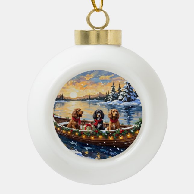 Cocker Spaniel Christmas Boat Holiday Keramik Kugel-Ornament (Vorderseite)