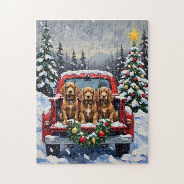 Cocker Spaniel Christmas Red Truck Holiday Puzzle (Vertikal)