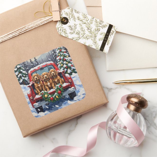 Cocker Spaniel Christmas Red Truck Holiday Quadratischer Aufkleber (Schenken)