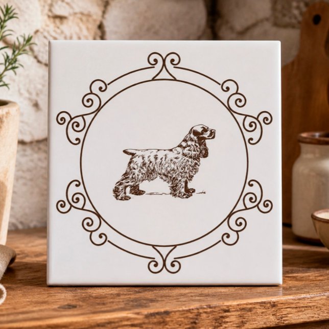 Cocker Spaniel Dekorative Keramikfliese (Cottage charm meets heritage style in this elegant ceramic tile with vintage dog artwork)