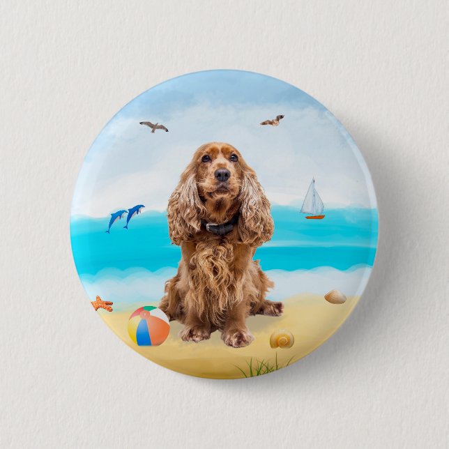 Cocker Spaniel Dog on Beach Button (Vorderseite)