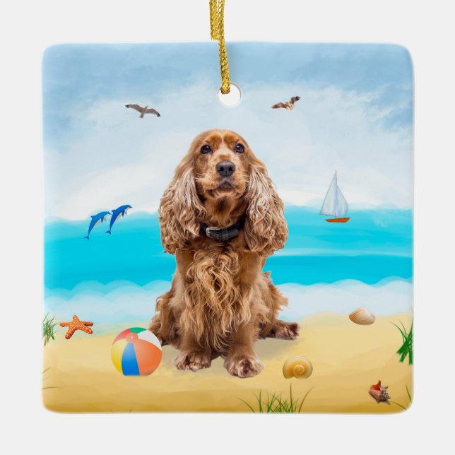 Cocker Spaniel Dog on Beach Keramikornament (Vorderseite)