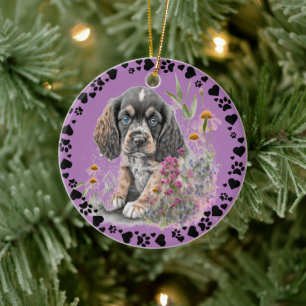 Cocker Spaniel Dog Paw Hearts Foto Lavender Keramik Ornament