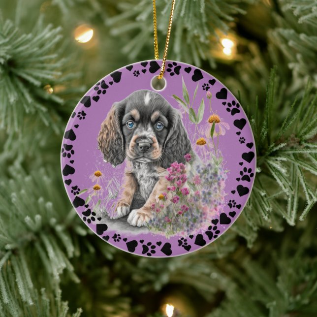Cocker Spaniel Dog Paw Hearts Foto Lavender Keramik Ornament (Baum)