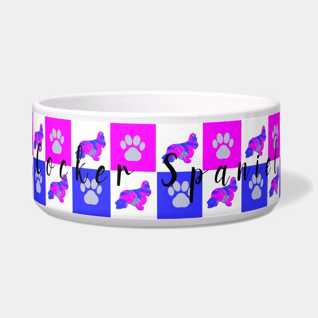 Cocker Spaniel Dog & Paw Hot Pink & Blue Pet Bowl Napf (Vorderseite)