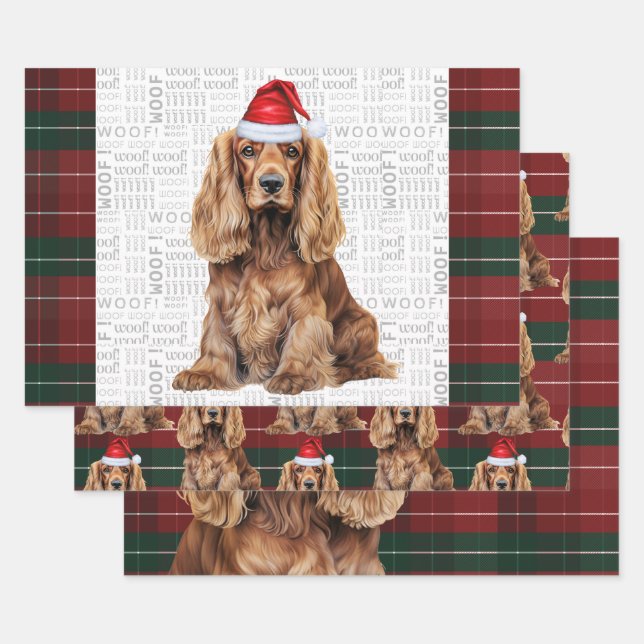 Cocker Spaniel Dog Red and Green Plaid Christmas Geschenkpapier Set (Set)