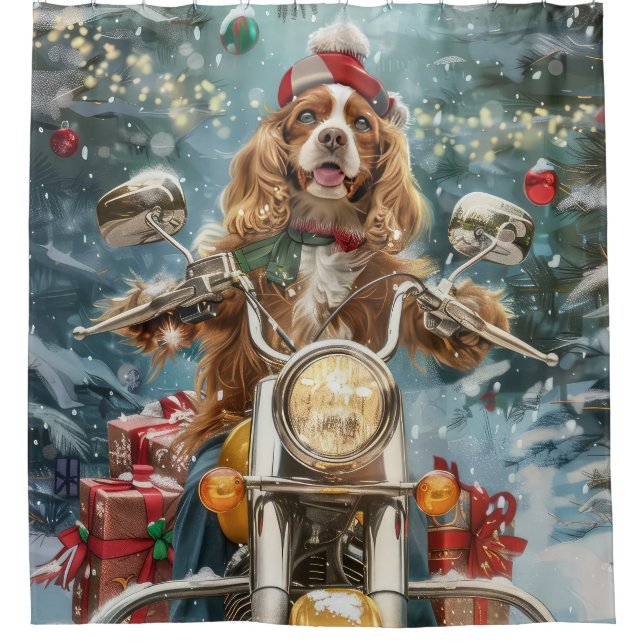 Cocker Spaniel Dog Riding Motorrad Weihnachten Duschvorhang (Vorderseite)