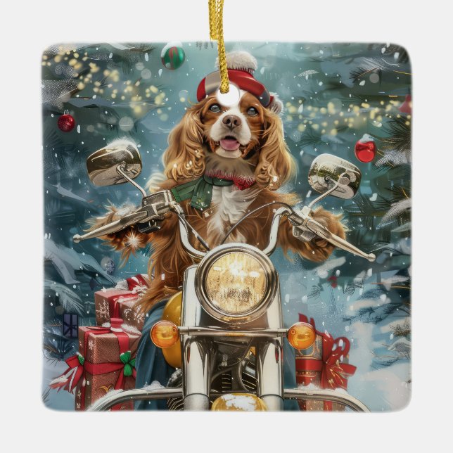 Cocker Spaniel Dog Riding Motorrad Weihnachten Keramikornament (Vorderseite)