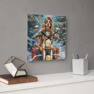 Cocker Spaniel Dog Riding Motorrad Weihnachten Quadratische Wanduhr