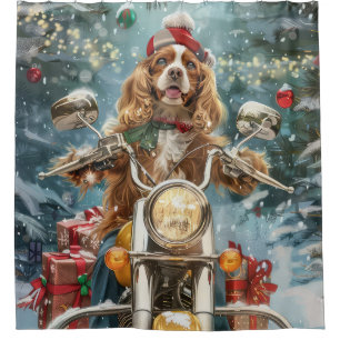 Cocker Spaniel Hund fährt Motorrad Weihnachten  Duschvorhang