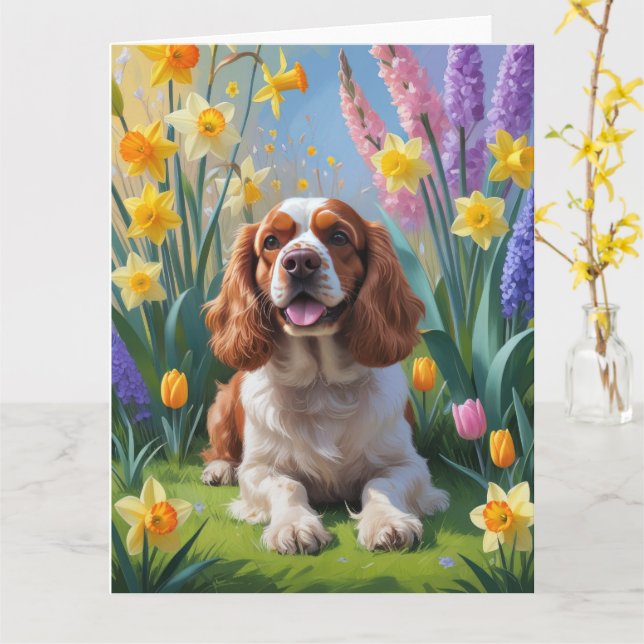Cocker Spaniel Hund Frühlingsblumen Malerei Karte (Gelbe Blume)
