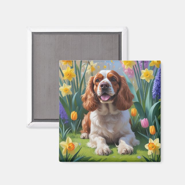 Cocker Spaniel Hund Frühlingsblumen Malerei Magnet (Vorderseite/Rückseite)