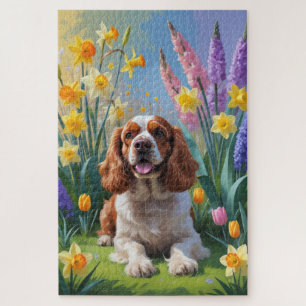 Cocker Spaniel Hund Frühlingsblumen Malerei Puzzle