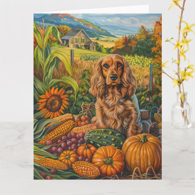 Cocker Spaniel Hund Herbsternte Erntedank Karte (Gelbe Blume)