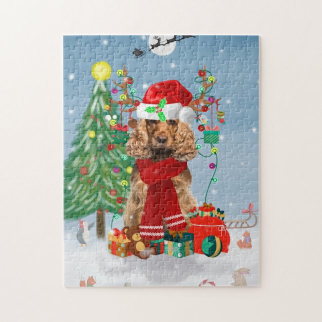 Cocker Spaniel Hund im Schnee mit Weihnachtsgesche Puzzle (Vertikal)