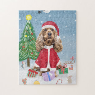 Cocker Spaniel Hund im Schnee mit Weihnachtsgesche Puzzle