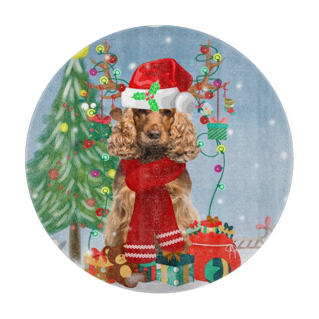 Cocker Spaniel Hund im Schnee mit Weihnachtsgesche Schneidebrett (Vorderseite)