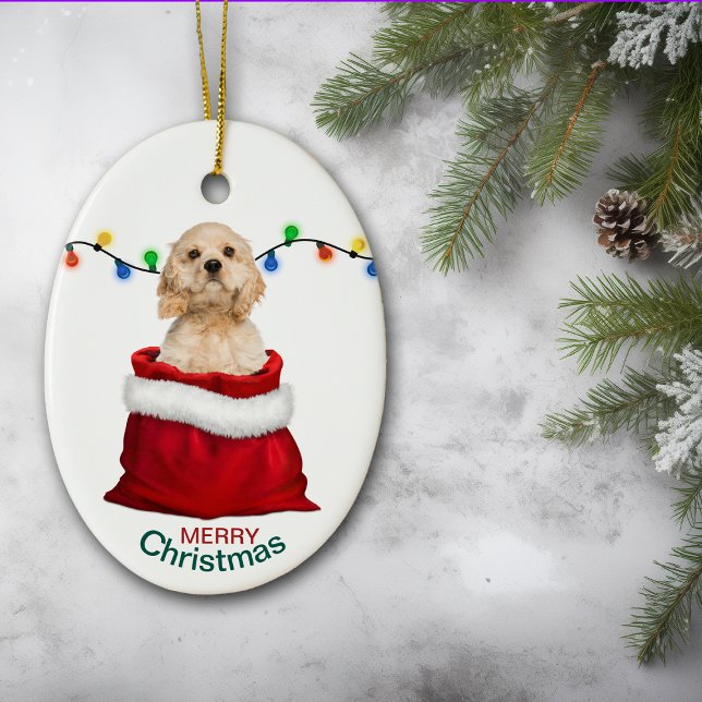 Cocker Spaniel Hund in der Geschenktasche Weihnach Keramik Ornament (Von Creator hochgeladen)