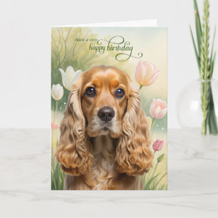 Cocker Spaniel Hund in einem Tulpen-Garten Geburts Karte