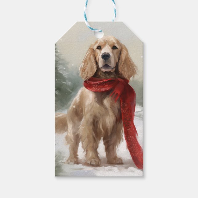 Cocker Spaniel Hund in Schneehocht Geschenkanhänger (Vorderseite)