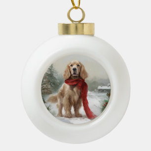 Cocker Spaniel Hund in Schneehocht Keramik Kugel-Ornament