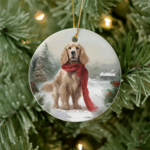 Cocker Spaniel Hund in Schneehocht Keramik Ornament