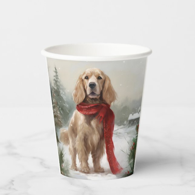 Cocker Spaniel Hund in Schneehocht Pappbecher (Vorderseite)