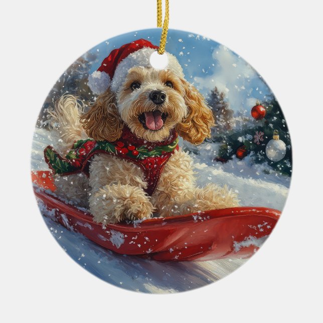 Cocker Spaniel Hund in Sledge Lass es Schnee Weihn Keramik Ornament (Vorne)