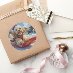 Cocker Spaniel Hund in Sledge Lass es Schnee Weihn Runder Aufkleber