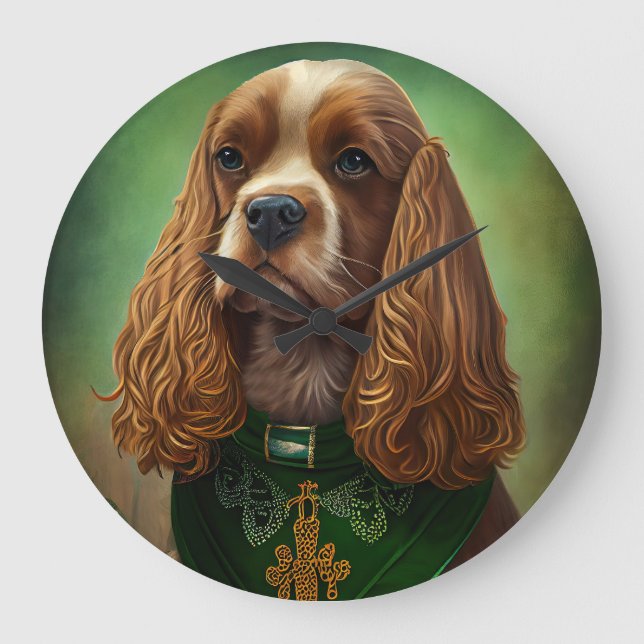 Cocker Spaniel Hund in St. Patrick's Day Dress Große Wanduhr (Vorderseite)