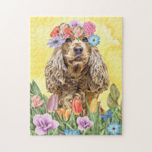 Cocker Spaniel Hund mit Blume Frühjahr Puzzle