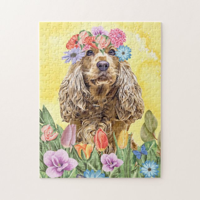 Cocker Spaniel Hund mit Blume Frühjahr Puzzle (Vertikal)