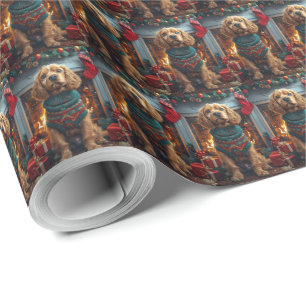 Cocker Spaniel Hund mit Weihnachtsgeschenken Feuer Geschenkpapier