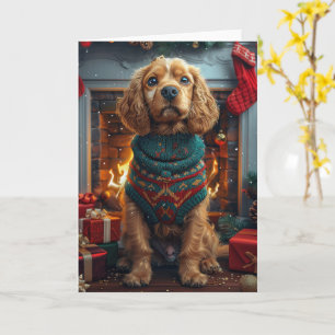 Cocker Spaniel Hund mit Weihnachtsgeschenken Feuer Karte