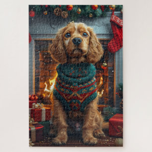 Cocker Spaniel Hund mit Weihnachtsgeschenken Feuer Puzzle