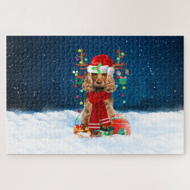 Cocker Spaniel-Hund mit Weihnachtsgeschenken Puzzle (Horizontal)