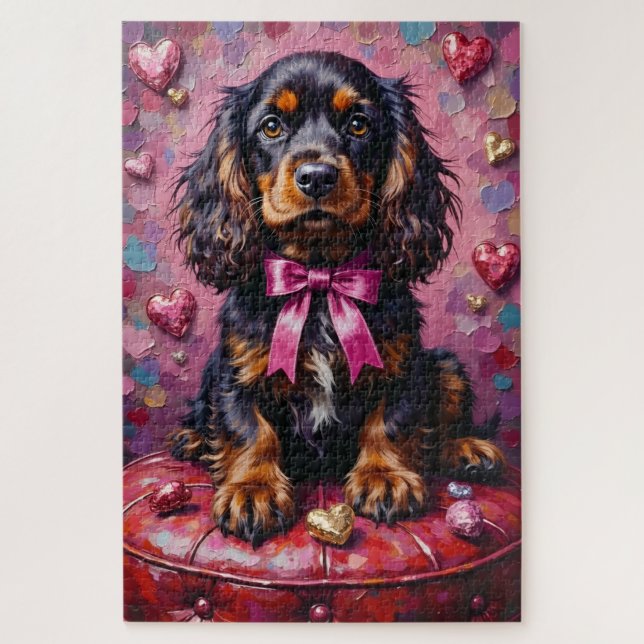 Cocker Spaniel Hund Valentinstag Roter Ottoman Puzzle (Vertikal)