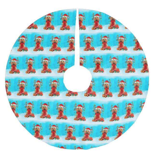 Cocker Spaniel im Schnee mit Weihnachtsgeschenken Polyester Weihnachtsbaumdecke (Vorderseite)