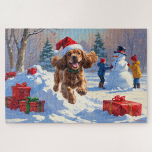Cocker Spaniel läuft im Schnee mit Weihnachtsmütze Puzzle