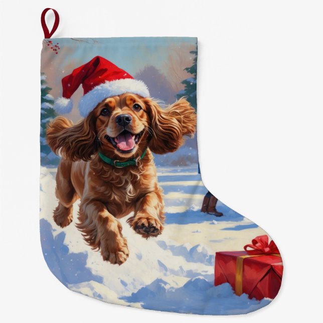 Cocker Spaniel läuft in Schnee mit Weihnachtshut Großer Weihnachtsstrumpf (Vorderseite)