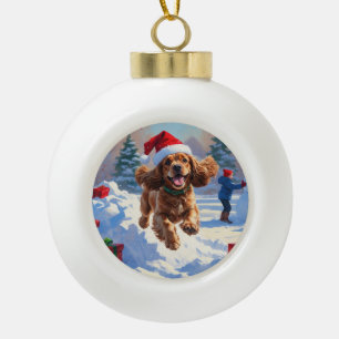 Cocker Spaniel läuft in Schnee mit Weihnachtshut Keramik Kugel-Ornament