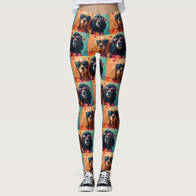 Cocker Spaniel mit Herz-Rose Valentinstag Leggings (Vorderseite)