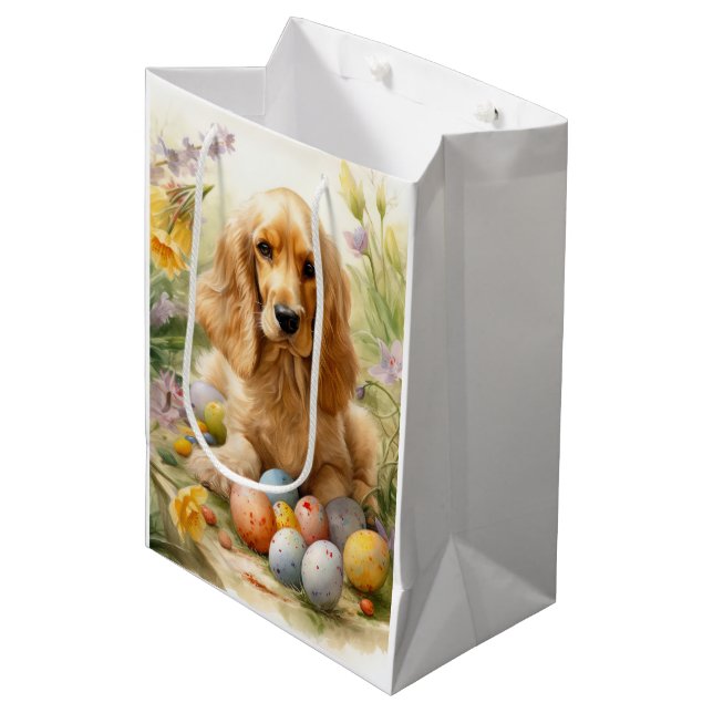 Cocker Spaniel mit Ostereier Urlaub Mittlere Geschenktüte (Vorderseite Schrägansicht)