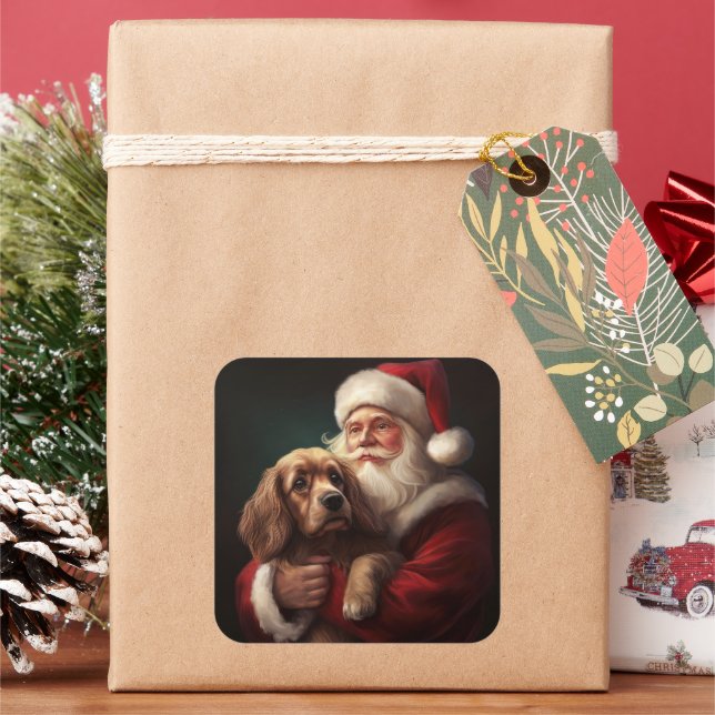 Cocker Spaniel mit Weihnachtsmann Weihnachten Quadratischer Aufkleber (Feiertag)