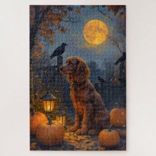 Cocker Spaniel Mondlicht-Kürbisfeld Halloween-Kuns Puzzle
