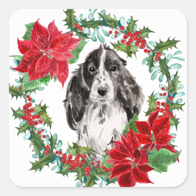 Cocker Spaniel Poinsettia Weihnachtsfeier Quadratischer Aufkleber (Vorderseite)