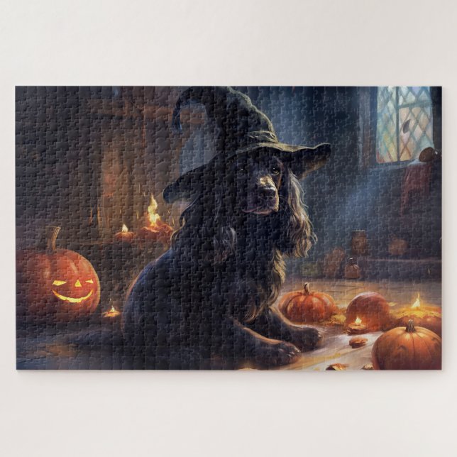 Cocker Spaniel Pumpkins Halloween Beängstigend Puzzle (Horizontal)