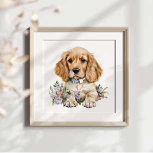 Cocker Spaniel Puppy Pet Wasserfarbe Blume Poster