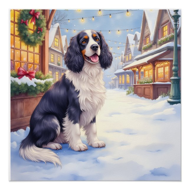 Cocker Spaniel Schneeiges Dorf Weihnachtskunst Poster (Vorderseite)