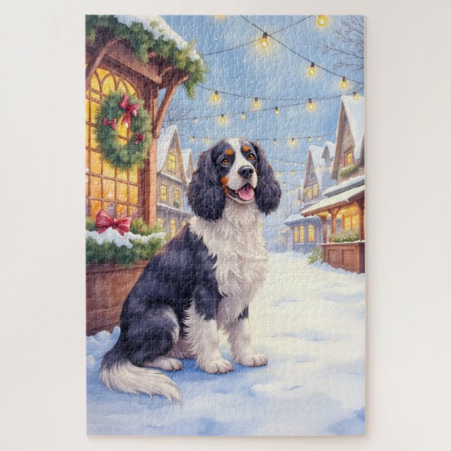 Cocker Spaniel Schneeiges Dorf Weihnachtskunst Puzzle (Vertikal)